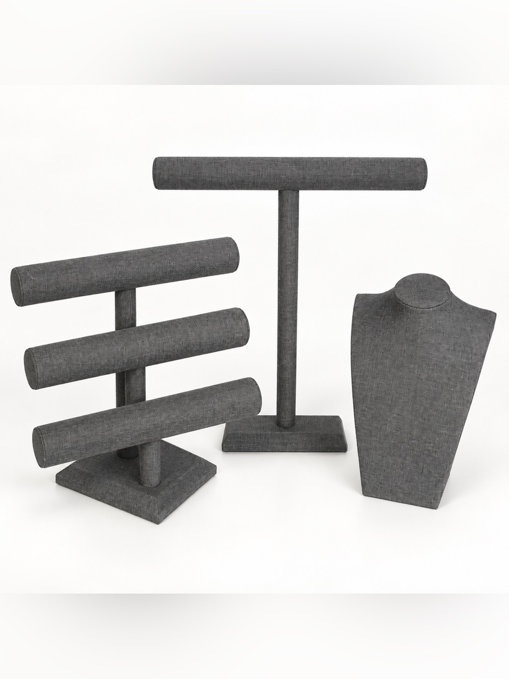 Gray Jewelry 3 piece Display Set - Neutral Fabric Bust and T-Bar Stands